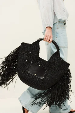 Ba&Sh ARA panier raphia franges NOIR Outlet